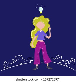 vector illustration with girl invite an idea to the head. flat style. people character.