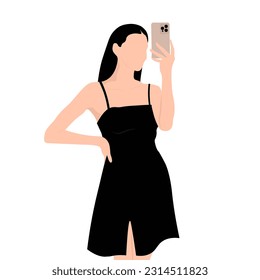 Vector illustration. A girl with an iPhone, a girl photographs herself, fashion, beauty, advertising, sticker. Design for social media. Isolated vector