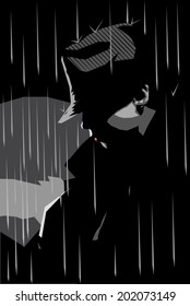 Vector Illustration Of A Girl In A Jacket And Hat With Rainy Background, Noir Style 