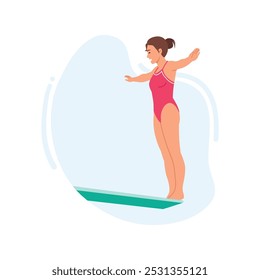 Vector illustration of a girl jumping into the water from a springboard. Cartoon scene of a girl in a pink swimsuit with her arms outstretched standing on a springboard to jump into the water.