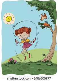 Vector illustration, girl jumping on rope, cartoon concept.