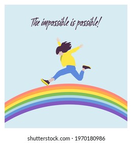 The vector illustration of a girl is jumping over the rainbow.