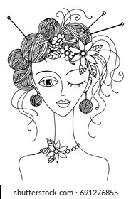 vector illustration of a girl knitter, portrait with balls of yarn on the head