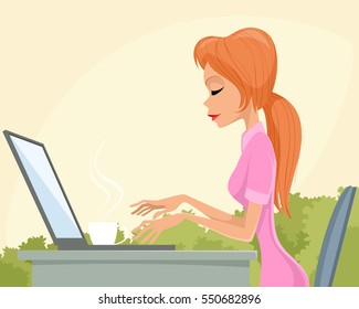 Vector illustration of a girl with laptop 