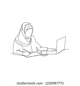 Vector illustration of a girl with a laptop drawn in line-art style