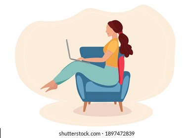 Vector Illustration Of A Girl At A Laptop.Work From Home, Freelancer.Quarantine