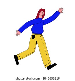 
Vector Illustration - The Girl Is Late For Work And  Taxi Transport. Woman Running Catches Up And Waves Her Hand. Flat Style With Disproportion Big Legs.Concept Of Being Late For Office