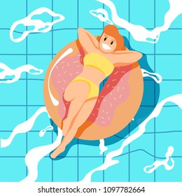 vector illustration, girl lay down on donut rubber ring float on  swimming pool 