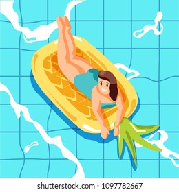 vector illustration, girl lay down on pineapple rubber float on swimming pool 