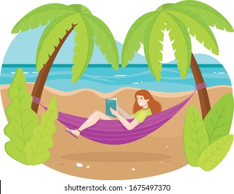 Vector illustration. The girl lies in a hammock, reading a book, resting. Sea, palms, sun, beach. 