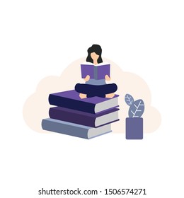 Vector illustration of Girl lies on pile of books with open book in her hands. Concept illustration of earning, distance studying and self education. Young woman student character