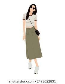 Vector illustration of a girl in a light t-shirt, a green skirt and white shoes. Accessorized with black glasses and a shoulder bag.