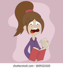vector illustration of a girl in a lilac sweater with a pink notepad in her hands shouts with bulging eyes from behind a torn page