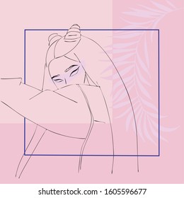 vector illustration of a girl in a linear style with a pink sheet