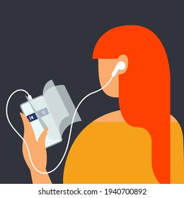 vector illustration of a girl listening to an audiobook online using a phone.imitation of turning pages of a virtual book.can be used as an element of web design, icons, banners for audiobook services