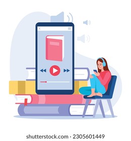 Ilustración vectorial de una chica escuchando audiolibros. Escena de caricatura con una linda muchacha sentada con auriculares y sosteniendo un teléfono y escuchando a un audiolibro aislado en un fondo blanco.