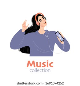 Vector illustration of a girl listening to music with headphones on a white background. Using mobile applications to create music collections concept. The image is in a flat style.