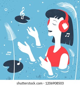 Vector Illustration Girl Listens to Music Abstraction