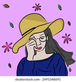 vector illustration of a girl with long black hair wearing a hat and glasses with a blue shirt on a purple background with flowers and fallen leaves