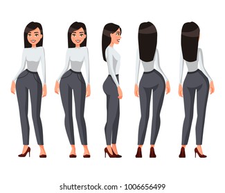 Vector illustration of a girl with long hair in casual clothes under the white background.Cartoon realistic people illustration.Flat young woman.Front, side and back views. 