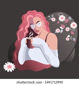 vector illustration girl with long pink hair drinks a hot drink on a background of flowers in spring