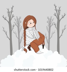 Vector illustration of a girl with long red hair stroking a fox in a big snowdrift. Beautiful background.