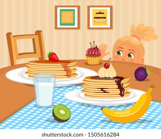 Vector illustration of girl looking at different sweets on the table  