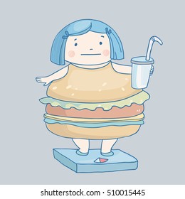 Vector illustration with girl looking like a hamburger because she eats too much fast food and drinks soda and standing on the scales
