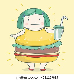 Vector illustration with girl looking like a hamburger because she eats too much fast food and drinks soda