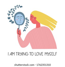 
Vector illustration of a girl looking in the mirror with the lettering "I'm trying to love myself." Mental health illustration.
