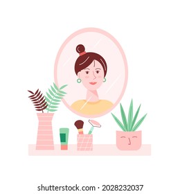 Vector illustration of a girl looking in the mirror at home.