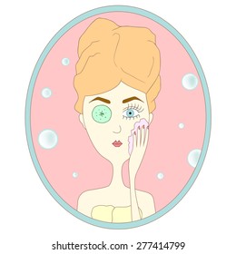 Vector illustration girl looking in mirror in bathroom