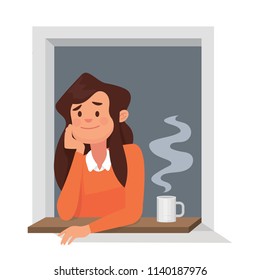 vector illustration a girl looking out the window with coffee or tea 