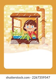 Vector illustration of a girl looking out of the window at the rain. It can be used as a playing card, for the development and education of children.