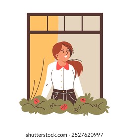Vector illustration of a girl looking out of a window, filled with excitement. Her joyful expression reflects her inquisitive nature as she looks around