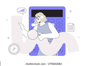 Vector illustration of a girl looking through magnifying glass at a long bill or sales check. Online accountant service for business. Cost breakdown, spend or income-expenditure analysis concept.