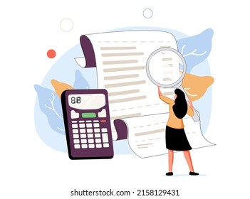 Vector illustration of a girl looking through magnifying glass at a long bill or sales check. Online accountant service for business. Cost breakdown, spend or income-expenditure analysis concept.