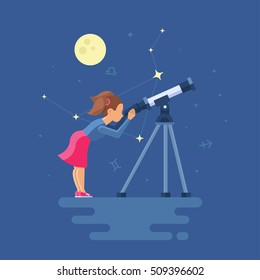 Vector illustration of girl looking through a telescope watching the stars. Clipart of Libra on the night city. Trend modern flat pseudo volume style. Moon and Zodiac signs.