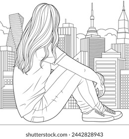 Vector illustration, girl looks out the window at the city while sitting on the sill, coloring book