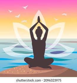 vector illustration of a girl in a lotus yoga pose on the background of the sea