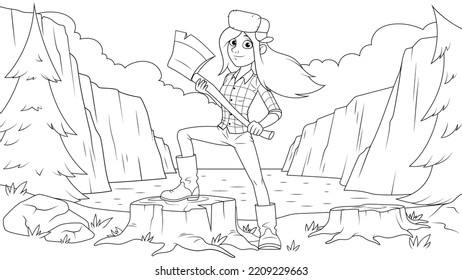 Vector illustration, a girl lumberjack cuts trees near the lake, book coloring