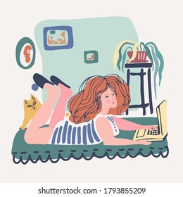 Vector illustration of girl lying with a cat at home working on the computer