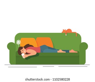 vector illustration a girl lying down on a couch feeling upset looking at her phone. 