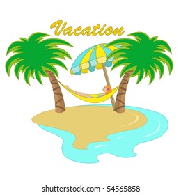 Vector illustration of a girl lying down in a hammock between two palm trees