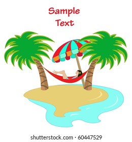 Vector illustration of a girl lying down in a hammock between two palm trees