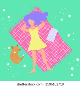 vector illustration of a girl lying on a meadow, top view, flat design