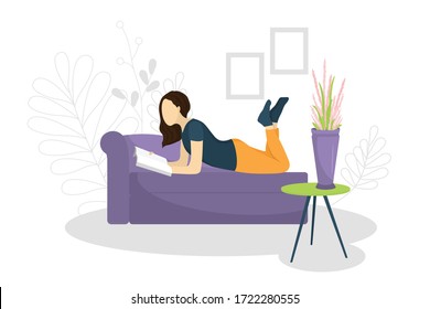 Vector illustration with a girl lying on a sofa and reading book. Girl at home reading magazin. Poster motivating to reding book and studying. For sites, articles, posters