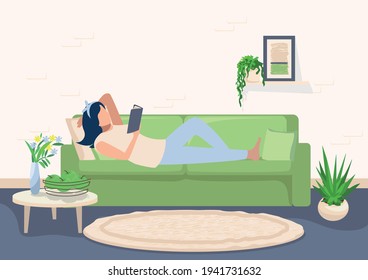 Vector illustration of a girl lying on the sofa in the living room and reading a book on the background of a modern interior in a flat style