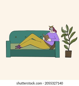 Vector illustration, a girl is lying on the couch and reading a book. Illustrations in the style of manual drawing.