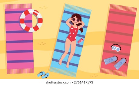 Vector illustration of a girl lying on the beach from above. Cartoon scene of a cheerful girl in sunglasses, red swimsuit, beach mats, inflatable ring, diving mask, diving fins, flip-flops, sand.
